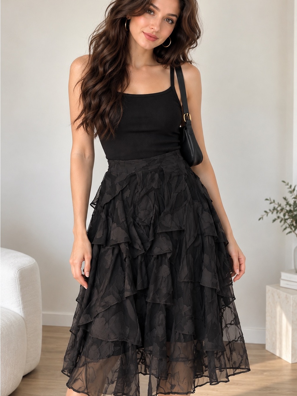 NWT MSGLAMOR Black Layered Ruffle Chiffon Midi Skirt Size M